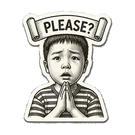 Pleading boy with PLEASE? banner. Little Boy's Engraved Emotions sticker for expressive chats and social replies.
