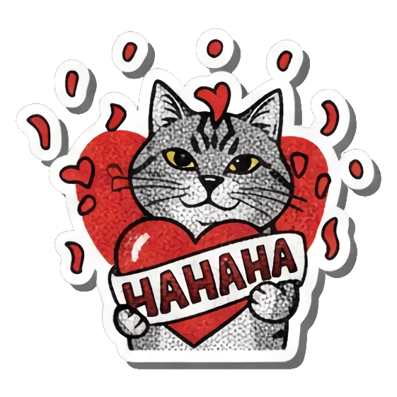 Laughing cat with heart Gritty Punk Tabby sticker for expressive chats and social replies.