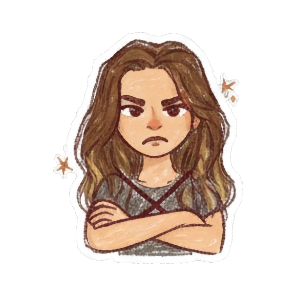 Angry girl with crossed arms and stern expression Curly Haired Girl Daily Vibes sticker for expressive chats and social replies.