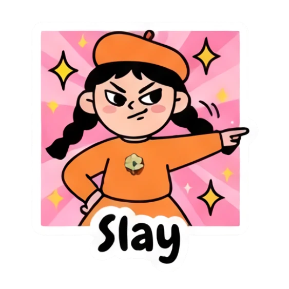Girl pointing aggressively with sparkles, Slay text Beret Girl Daily Vibes sticker for expressive chats and social replies.