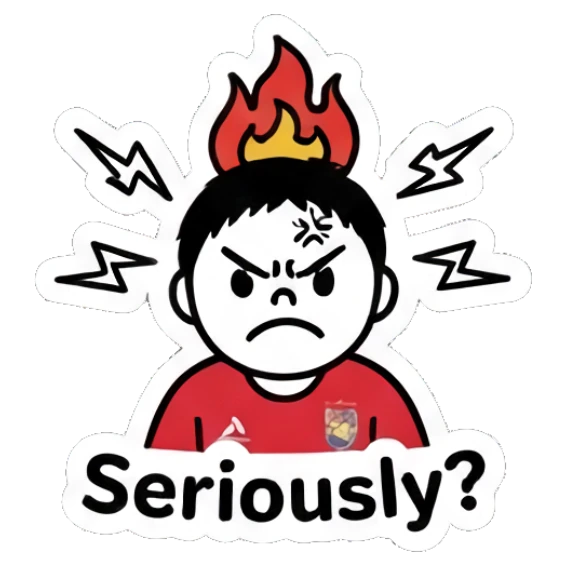 Angry soccer boy with fire on head and 'Seriously?' text Keith Haring Style Soccer Boy sticker for expressive chats and social replies.