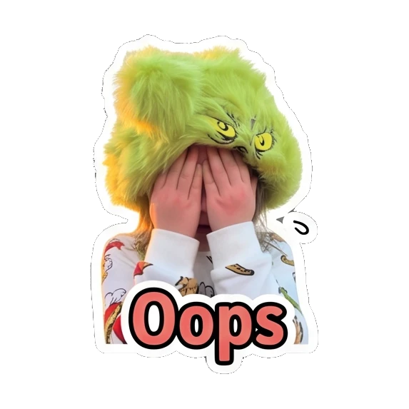 Child in green hat covering face with hands with text Oops Grinchy Kid Moods sticker for expressive chats and social replies.