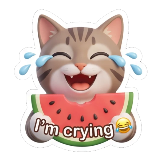 Tabby cat laughing while eating watermelon, text Im crying Tabby Cat Daily Vibes sticker for expressive chats and social replies.