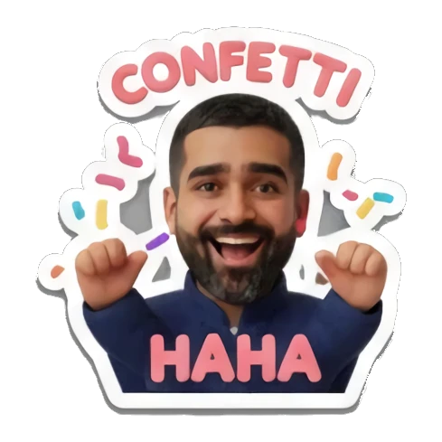 Bearded man laughing with confetti with text HAHA Cheerful Bearded Professional sticker for expressive chats and social replies.