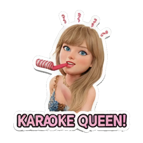Blonde girl blowing a party horn with 'KARAOKE QUEEN!' text. Pop Star Party Vibes sticker for expressive chats and social replies.