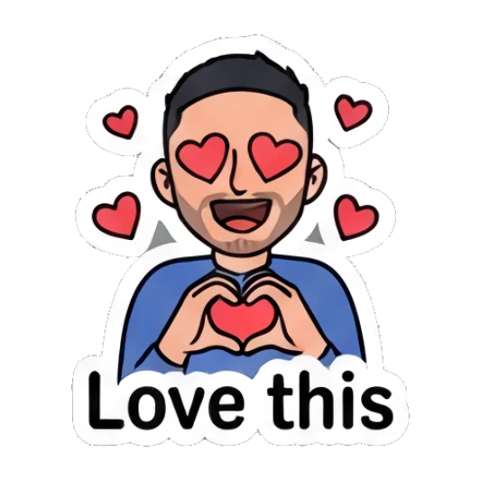 Young man forming a heart shape with hands, surrounded by hearts, loving expression. Daily Vibe Guy sticker for expressive chats and social replies.