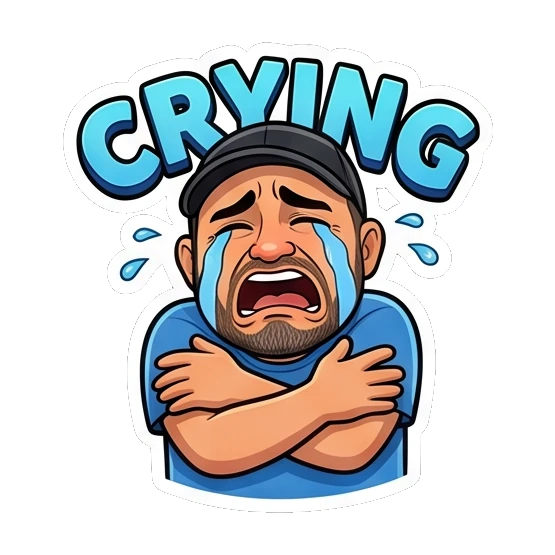 Bearded man crying loudly with arms crossed, 'Crying'. Bearded Guy Daily Vibes sticker for expressive chats and social replies.