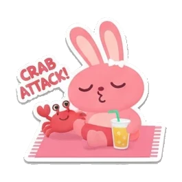 Pink bunny relaxing on a towel with a crab, Crab Attack text. Pink Bunny Beach Day sticker for expressive chats and social replies.