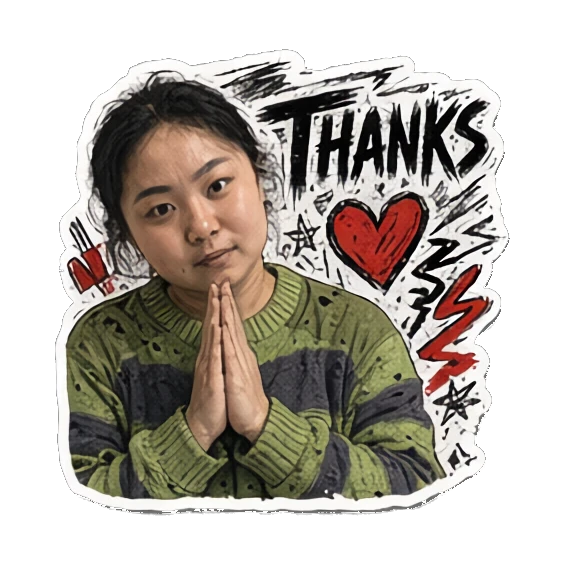 年轻女性双手合十表示感谢，表情诚恳，文字THANKS Punk Girl Daily Vibes sticker for expressive chats and social replies.