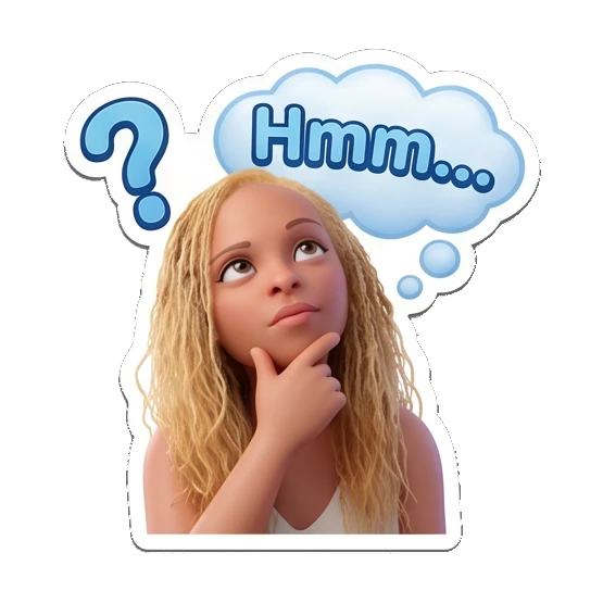 Blonde girl thinking with a thought bubble and Hmm... text Blonde Girl Daily Vibes sticker for expressive chats and social replies.