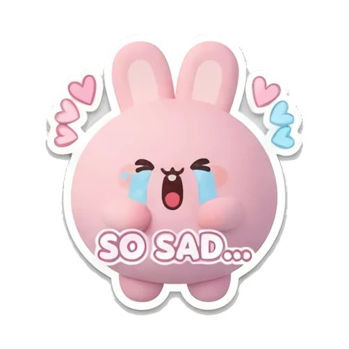 Pink bunny crying loudly with SO SAD text. Pink Bunny Daily Moods sticker for expressive chats and social replies.