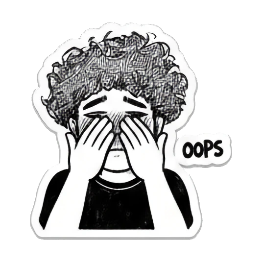Curly-haired boy covering face with hands in embarrassment with text OOPS. Curly Hair Doodle Vibes sticker for expressive chats and social replies.