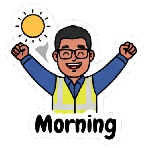 Worker stretching arms with a morning sun Busy Worker Daily Life sticker for expressive chats and social replies.