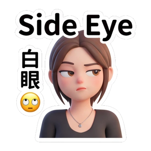 Young woman giving a side-eye glance with 'Side Eye' text Modern Girl Daily Expressions sticker for expressive chats and social replies.