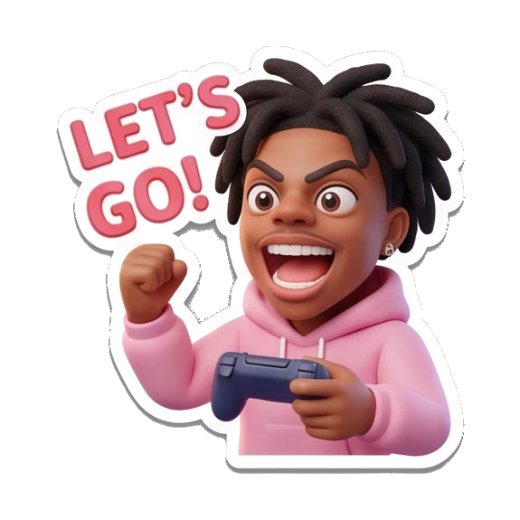 Gamer boy cheering with controller, text 'LET'S GO!' Gamer Life Adventures sticker for expressive chats and social replies.