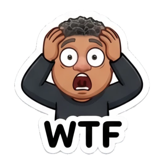 Man looking shocked with hands on head, text WTF Cool Guy Daily Vibes sticker for expressive chats and social replies.