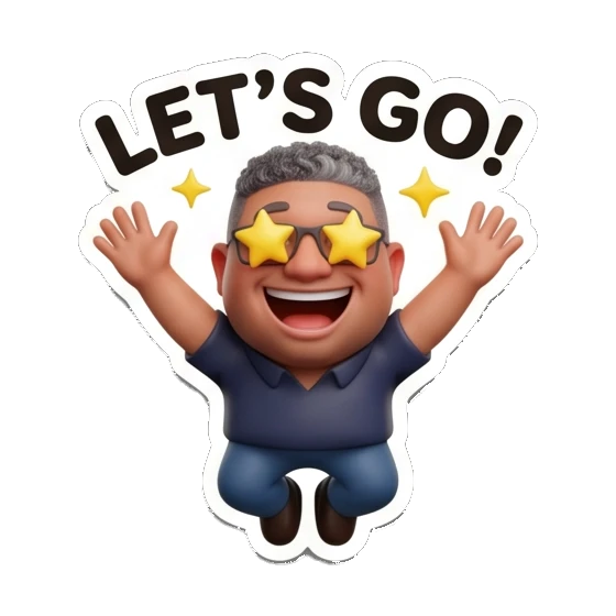 Man with glasses jumping with star glasses with text LET'S GO! Office Guy Expressions sticker for expressive chats and social replies.