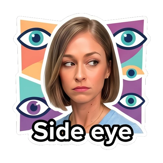 Woman giving a skeptical side-eye look, text 'Side eye' Daily Life Expressions sticker for expressive chats and social replies.