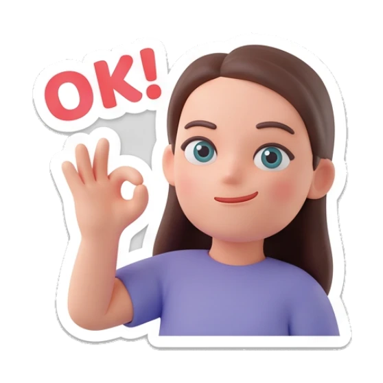 Girl making OK hand gesture with confident smile and OK text Cheerful Girl Daily Expressions sticker for expressive chats and social replies.