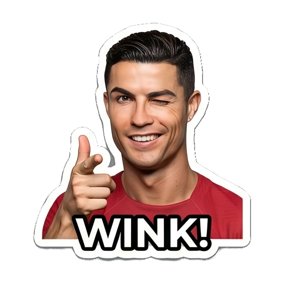 Cristiano Ronaldo winking and pointing with WINK text Cristiano Ronaldo Expressions sticker for expressive chats and social replies.