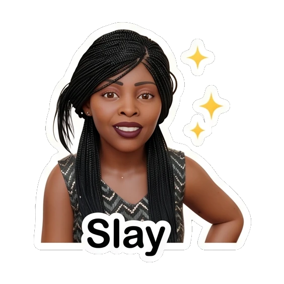 Woman posing confidently with stars, text Slay Chic Afro-Textured Daily Expressions sticker for expressive chats and social replies.