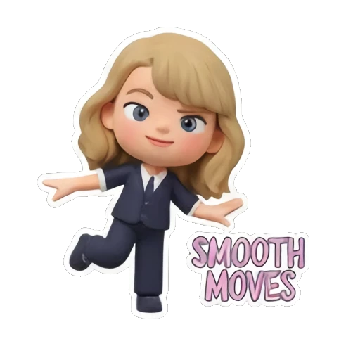 Blonde girl in a suit striking a cool pose, text 'SMOOTH MOVES' Chibi Pop Star Life sticker for expressive chats and social replies.