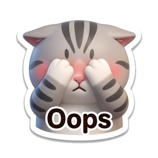 Embarrassed grey cat covering eyes with paws and text Oops Cute Grey Tabby Daily sticker for expressive chats and social replies.