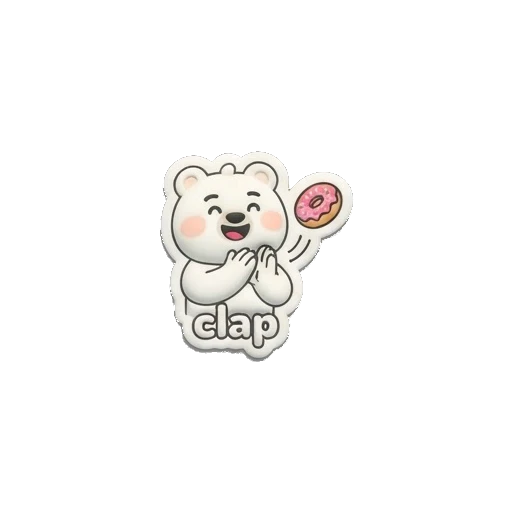 White bear clapping hands happily, donut floating nearby, text says Clap. Puffy Donut Bear sticker for expressive chats and social replies.