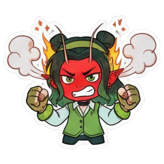 Angry red-faced girl with steam blowing from head Green Mantis Girl Adventures sticker for expressive chats and social replies.