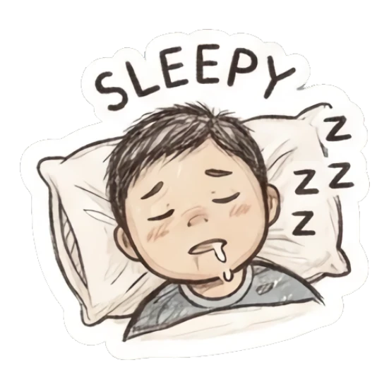 Sleepy boy drooling on a pillow with text SLEEPY. Little Boy Doodle Expressions sticker for expressive chats and social replies.