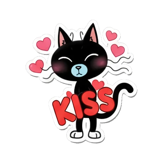 Black cat blowing a kiss with floating hearts and KISS text Playful Black Cat Daily Life sticker for expressive chats and social replies.