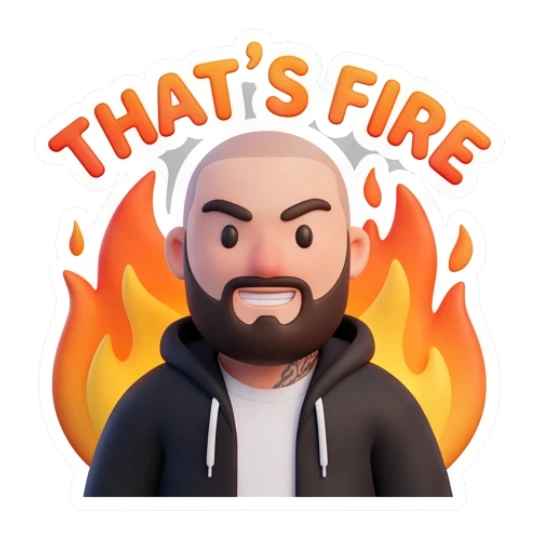 Bearded man surrounded by fire, text THAT'S FIRE Bearded Guy Daily Vibes sticker for expressive chats and social replies.
