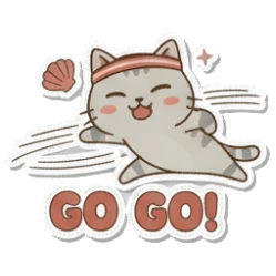 Energetic cat running with GO GO Cozy Tabby Daily sticker for expressive chats and social replies.