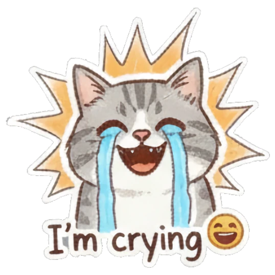 Cat crying tears of joy, text I'm crying Fluffy Doodle Cat Expressions sticker for expressive chats and social replies.