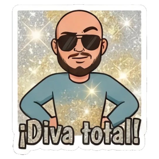 Bald man posing confidently with glitter background, text Diva total Bald Guy Daily Vibes sticker for expressive chats and social replies.