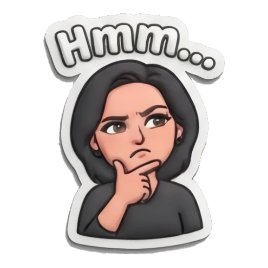 Girl resting chin on hand thinking with Hmm text Puff Print Girl Daily sticker for expressive chats and social replies.