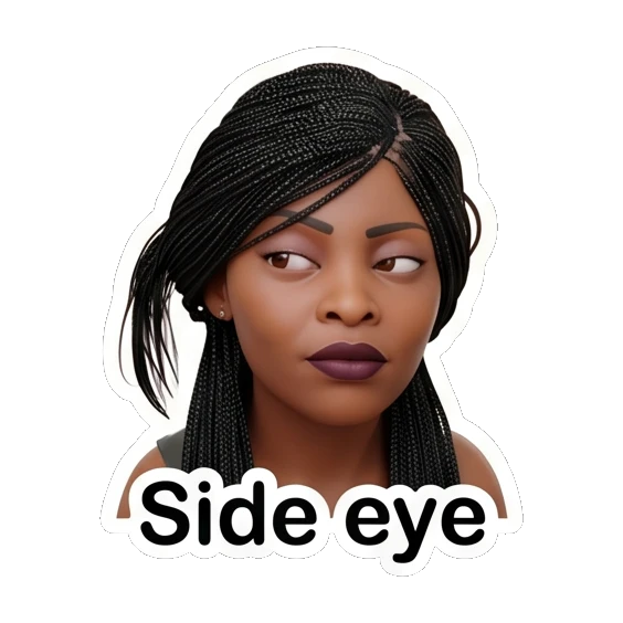 Woman giving a skeptical side-eye look, text Side eye Chic Afro-Textured Daily Expressions sticker for expressive chats and social replies.