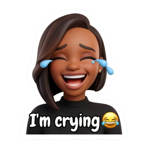 Woman laughing hysterically with tears, text says I am crying. Modern Chic Expressions sticker for expressive chats and social replies.