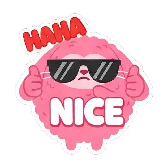 Pink bunny wearing sunglasses, giving double thumbs up with 'NICE' text. Pink Fluffy Bunny Emotions sticker for expressive chats and social replies.