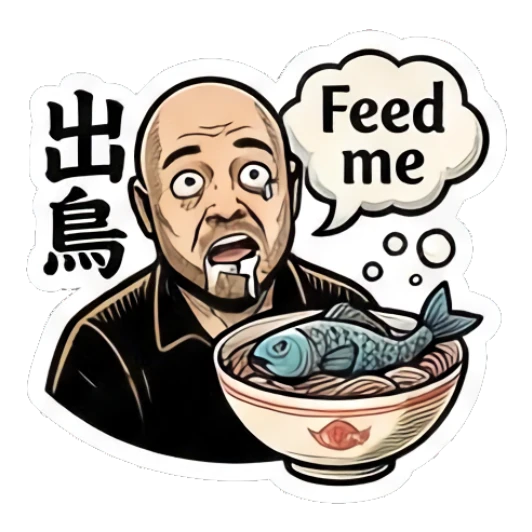 Bald man eating a bowl of noodles, text says Feed me. Bald Guy Daily Vibes sticker for expressive chats and social replies.