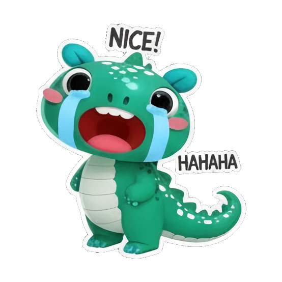 Crying dino giving a thumbs up with NICE and HAHAHA text Cheerful Green Dino Adventures sticker for expressive chats and social replies.