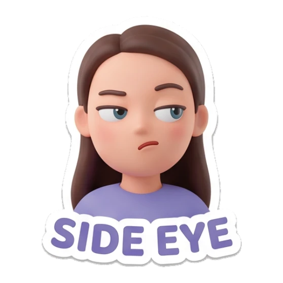 Girl giving a skeptical side eye look and Side Eye text Cheerful Girl Daily Expressions sticker for expressive chats and social replies.