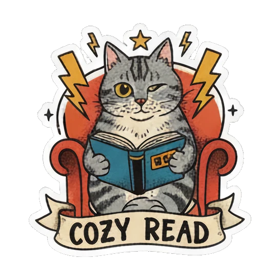 cat reading in cozy armchair Literary Tabby Adventures sticker for expressive chats and social replies.