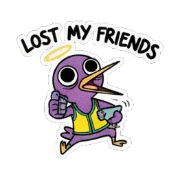 Purple bird looking lost with phone, text LOST MY FRIENDS Purple Bird Music Festival sticker for expressive chats and social replies.