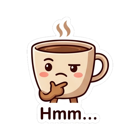 Thinking coffee cup with a hand on its chin. Cheerful Coffee Cup Pals sticker for expressive chats and social replies.