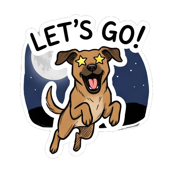 Brown dog jumping with excitement and star eyes. Brown Dog Daily Moods sticker for expressive chats and social replies.