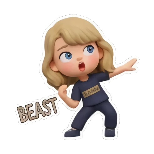 Blonde girl in a t-shirt striking a dynamic pose, text 'BEAST' Chibi Pop Star Life sticker for expressive chats and social replies.