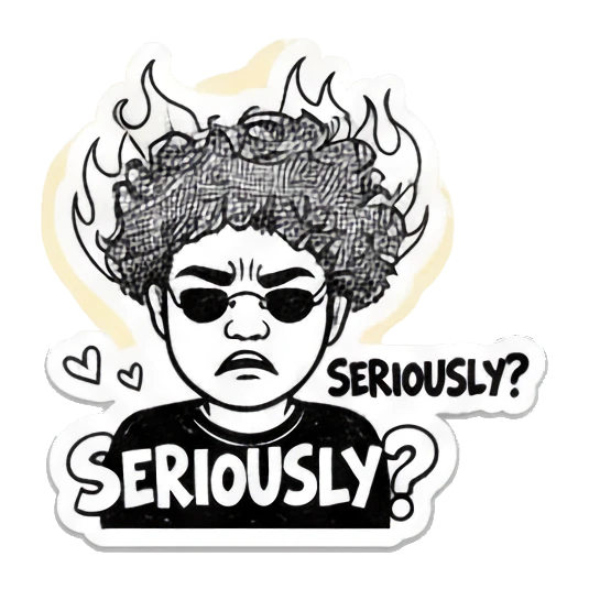 Curly-haired boy looking angry with fire effect and text SERIOUSLY. Curly Hair Doodle Vibes sticker for expressive chats and social replies.