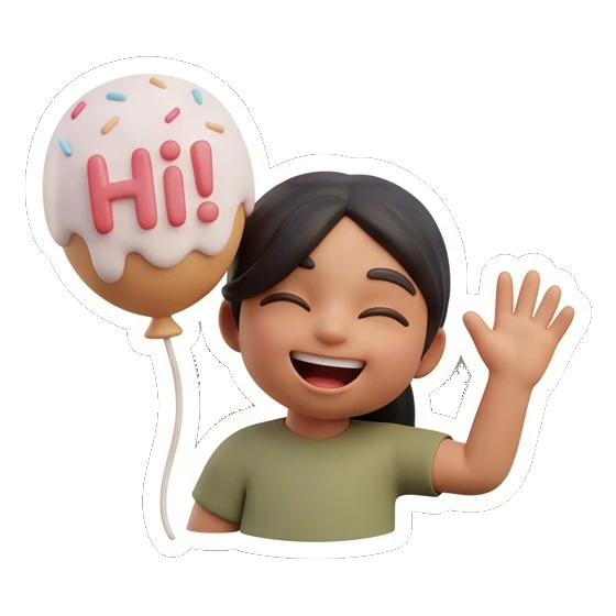 Girl waving hand holding a Hi balloon, cheerful. Cheerful Girl Daily Life sticker for expressive chats and social replies.