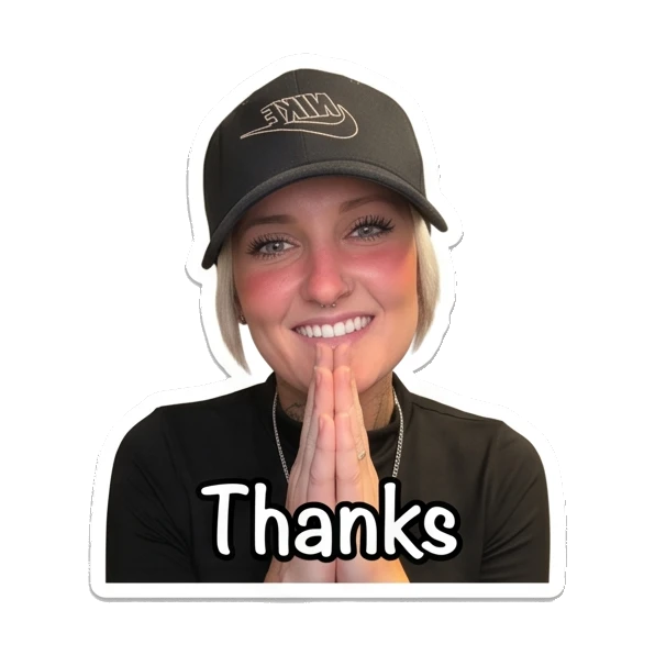 Woman with hands together in gratitude, text Thanks Cool Girl Daily Vibes sticker for expressive chats and social replies.